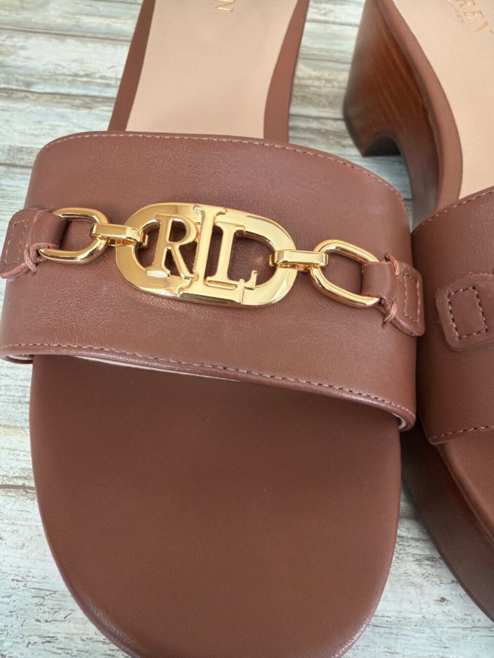 Ralph Lauren Roxanne Block Heel Slide Sandals Tan Leather Sz 11 New in Box - Picture 4 of 15